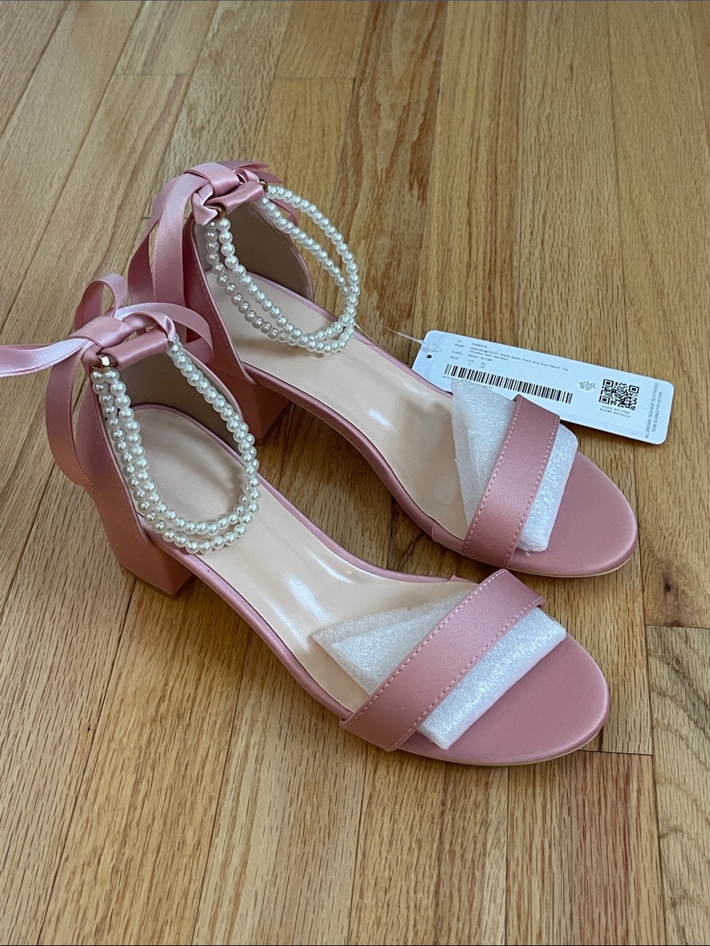 Azazie 7 Rosette Matte Satin Pearl and Bow open Toe Chunky Heel Sandals
